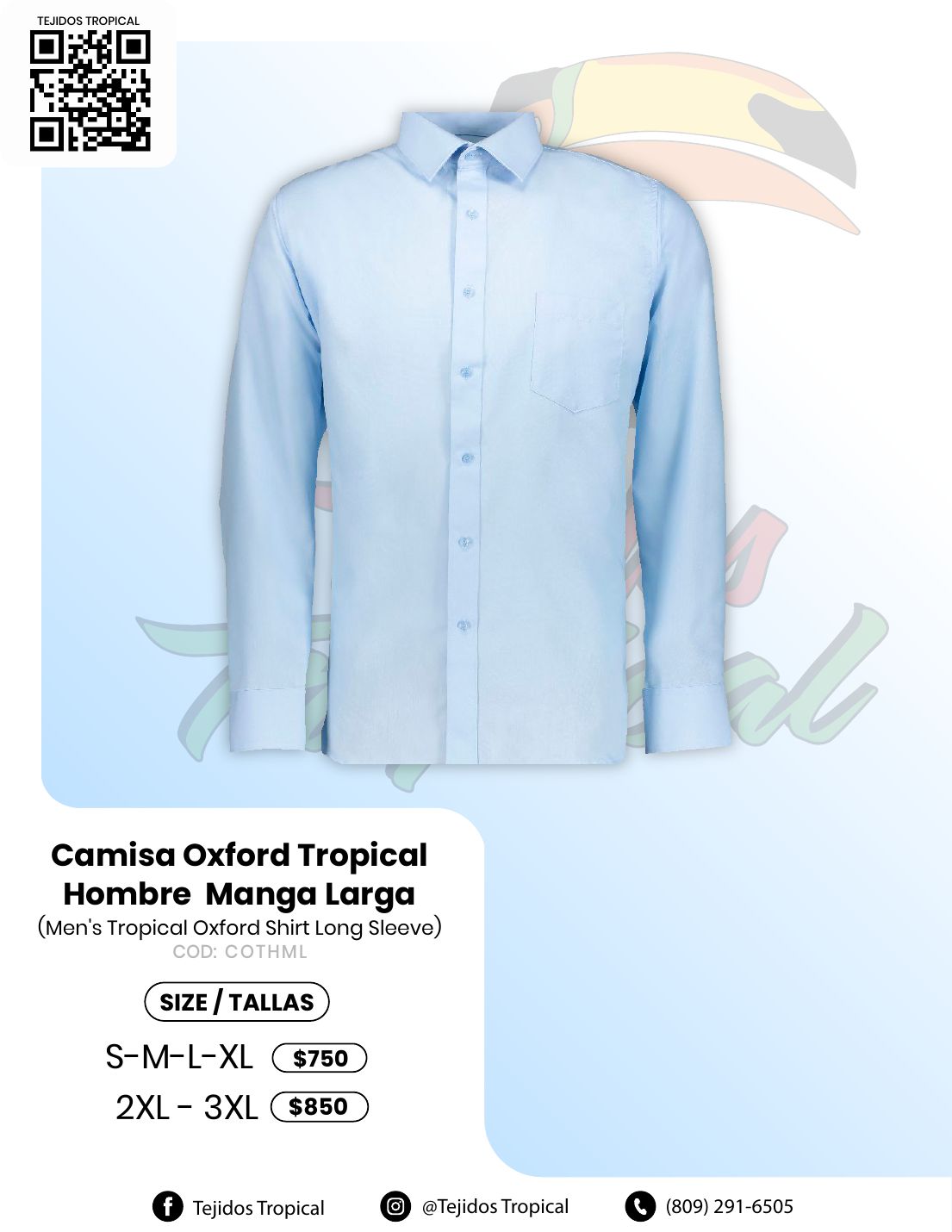 Camisa Oxford Tropical Hombre Manga Larga