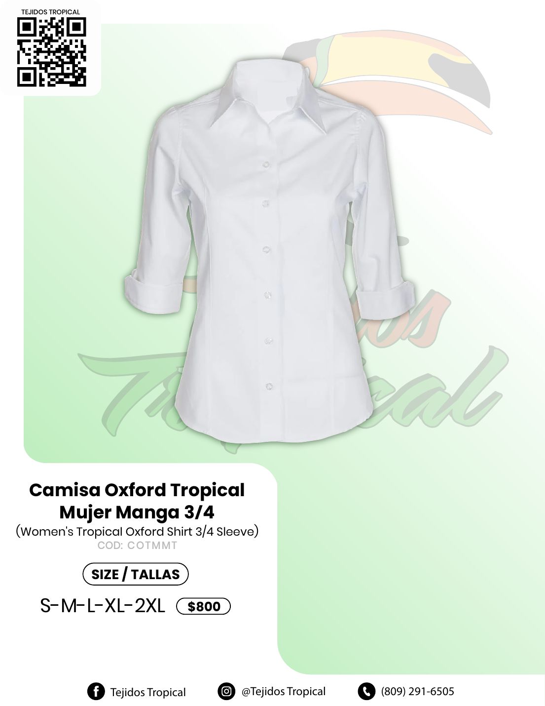 Camisa Oxford Tropical Mujer Manga 3/4